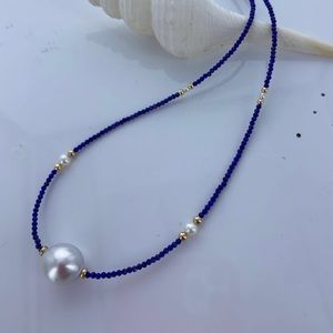 Pearl in lapis necklace with 14K setting